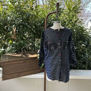 Vintage Ikat Patchwork Tunic Top Black Artisan Button Front Boho Sz S/M
